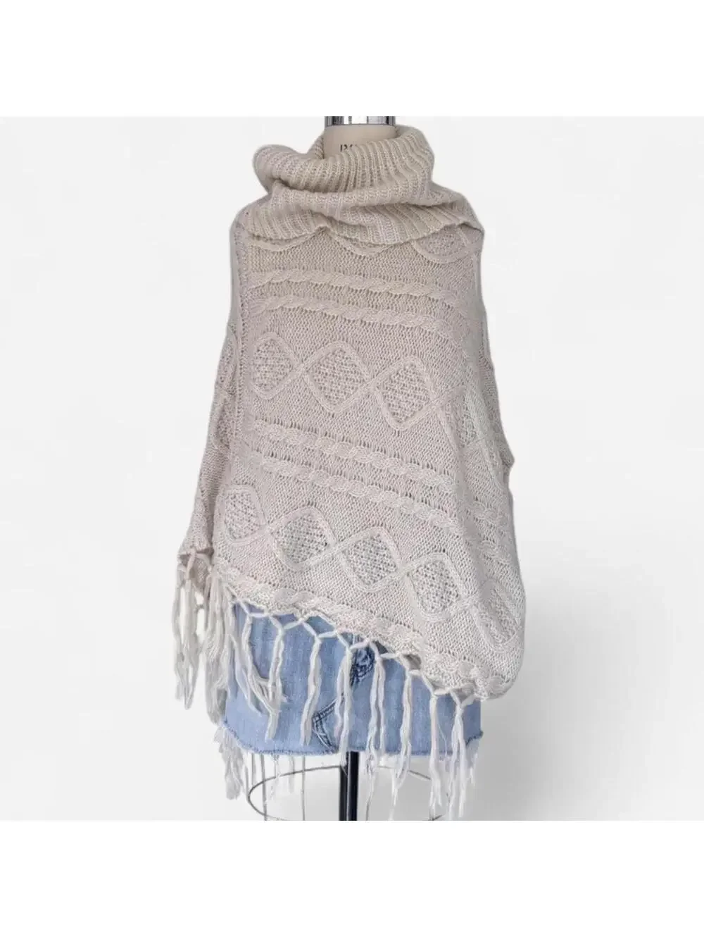 Tan Knit Fringe Poncho Boho Fairy Festival